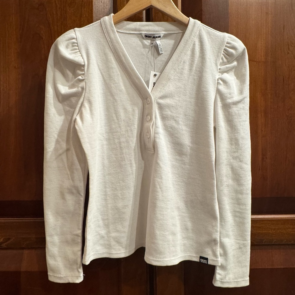 NWT DKNY Jeans Women's Long Puff-Sleeve V-Neck Ivory Ribbed Top Size PM